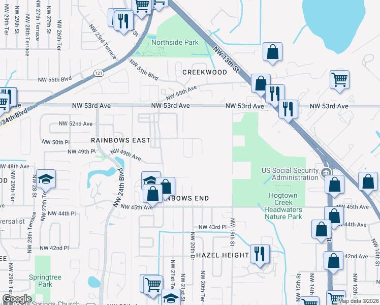 map of restaurants, bars, coffee shops, grocery stores, and more near 4928 Northwest 21st Street in Gainesville