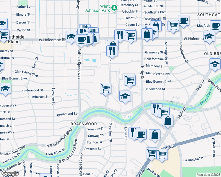 map of restaurants, bars, coffee shops, grocery stores, and more near 7517 Brompton Road in Houston