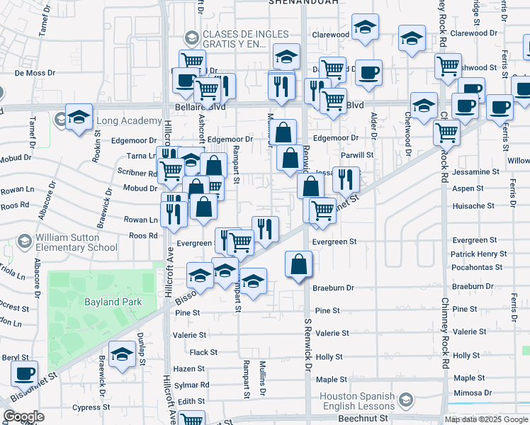 map of restaurants, bars, coffee shops, grocery stores, and more near 7320 Mullins Drive in Houston