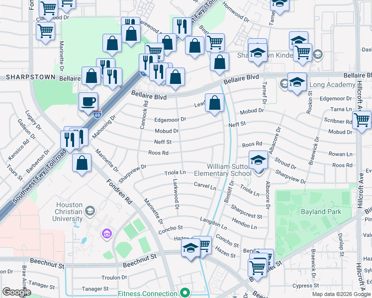 map of restaurants, bars, coffee shops, grocery stores, and more near 7030 Roos Road in Houston