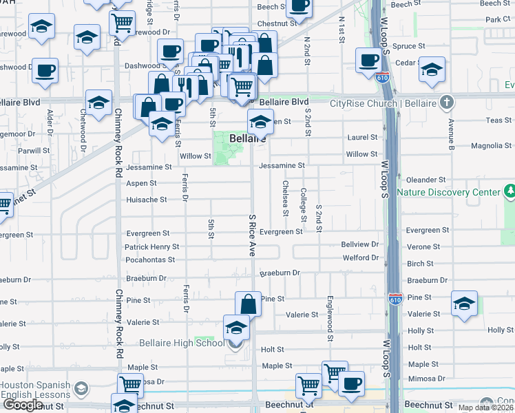 map of restaurants, bars, coffee shops, grocery stores, and more near 7307 South Rice Avenue in Bellaire