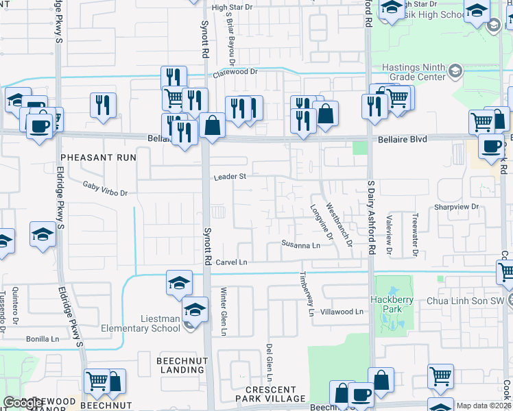 map of restaurants, bars, coffee shops, grocery stores, and more near 7074 Greenway Chase Street in Houston