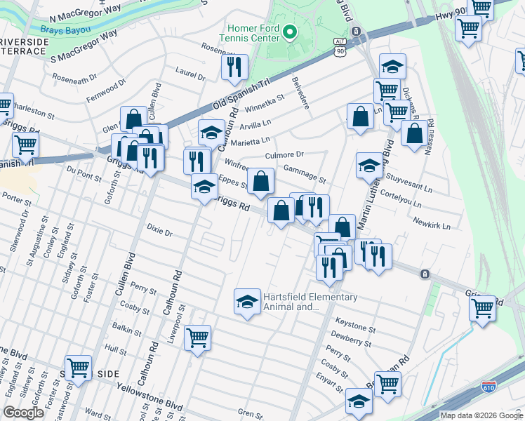 map of restaurants, bars, coffee shops, grocery stores, and more near Griggs Rd & Grace Ln in Houston