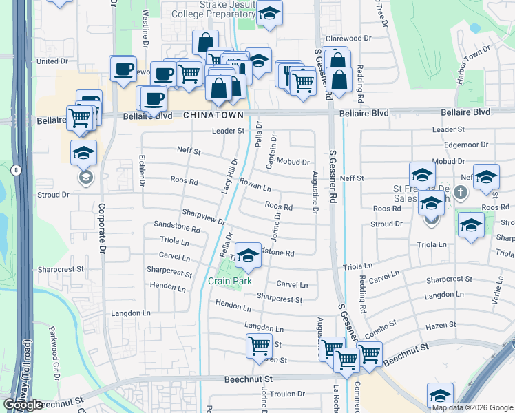 map of restaurants, bars, coffee shops, grocery stores, and more near 8923 Roos Road in Houston
