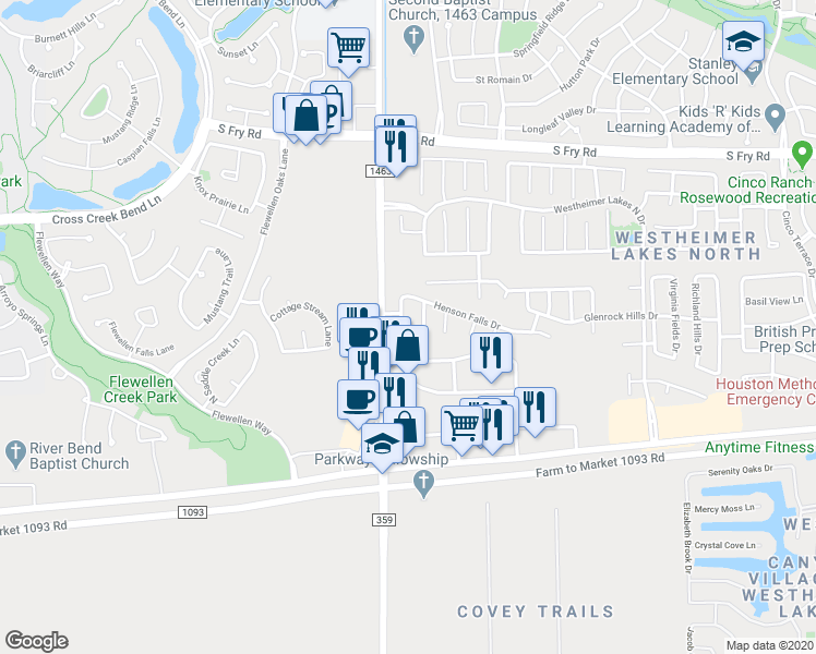 map of restaurants, bars, coffee shops, grocery stores, and more near 6435 Tea Tree Drive in Katy