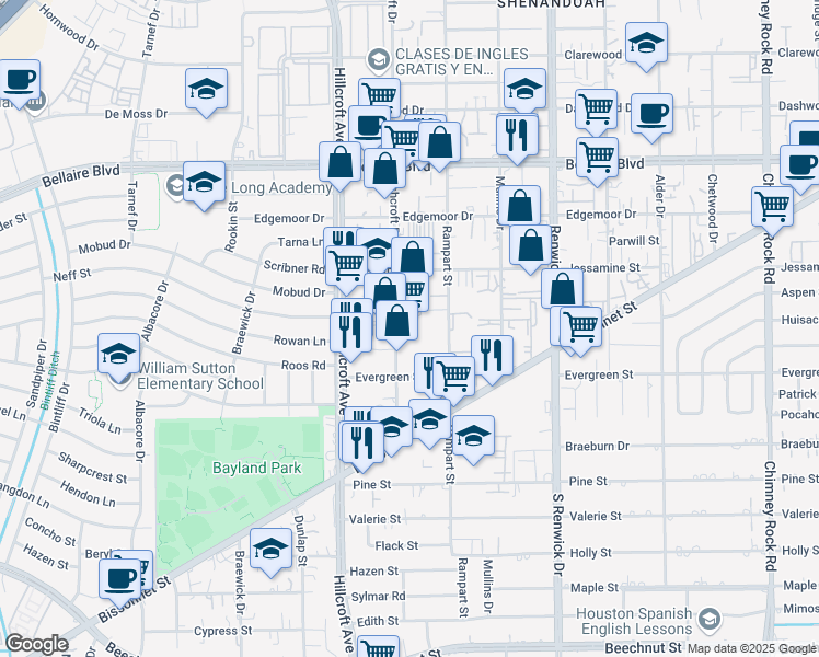 map of restaurants, bars, coffee shops, grocery stores, and more near 7313 Ashcroft Drive in Houston