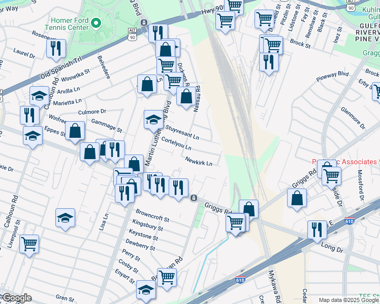 map of restaurants, bars, coffee shops, grocery stores, and more near 5210 Cortelyou Lane in Houston