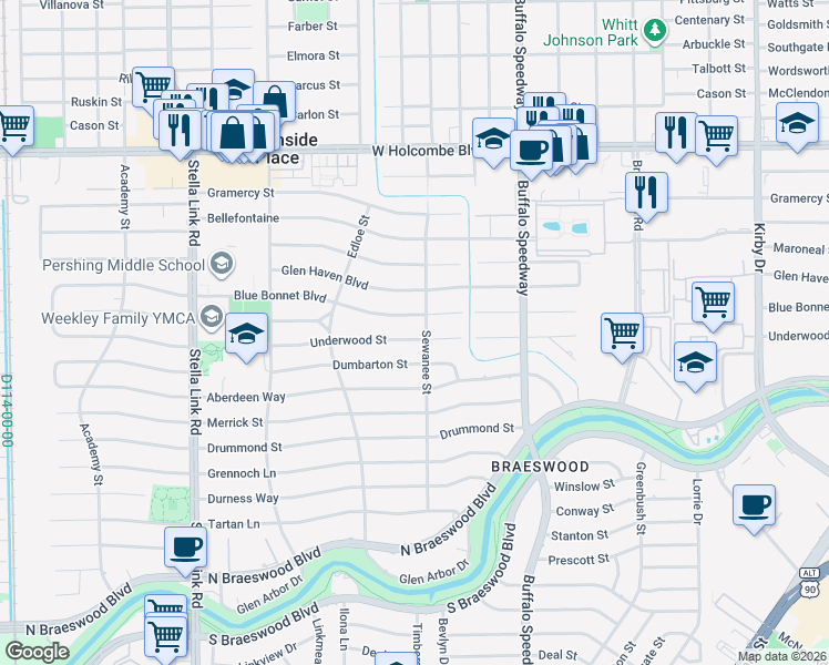 map of restaurants, bars, coffee shops, grocery stores, and more near 3606 Underwood Street in Houston