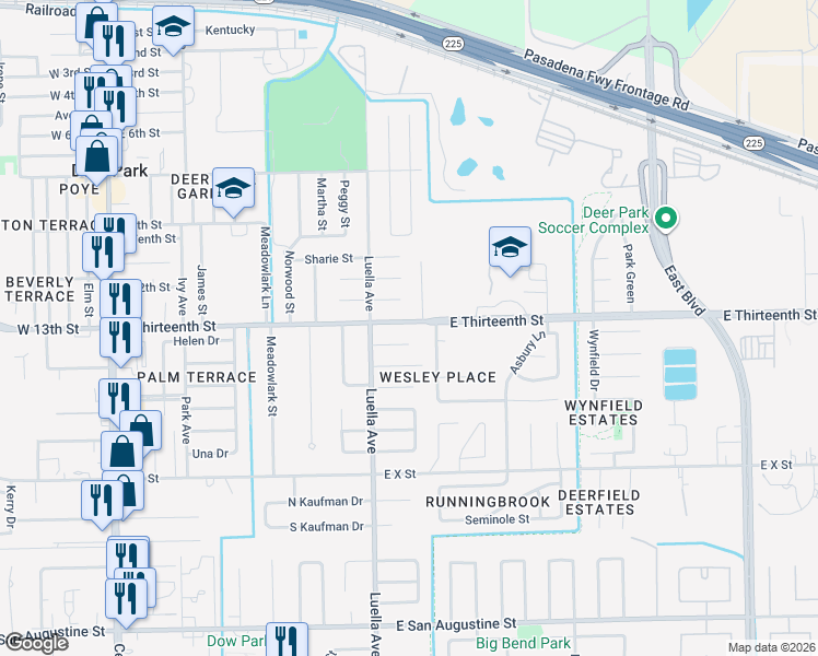 map of restaurants, bars, coffee shops, grocery stores, and more near 1129 East Thirteenth Street in Deer Park