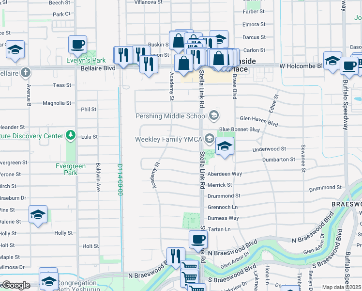 map of restaurants, bars, coffee shops, grocery stores, and more near 4034 Underwood Street in Houston