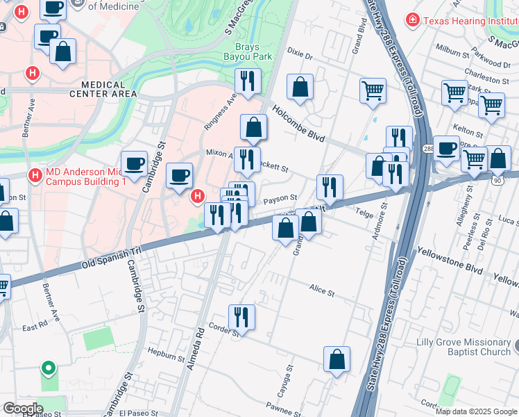 map of restaurants, bars, coffee shops, grocery stores, and more near 2906 Payson Street in Houston