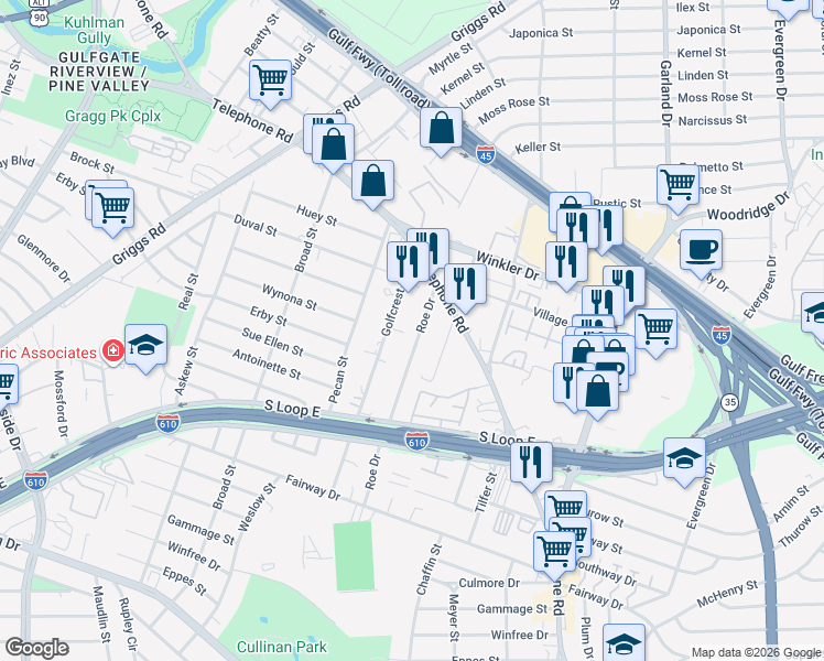 map of restaurants, bars, coffee shops, grocery stores, and more near 3023 Roe Drive in Houston