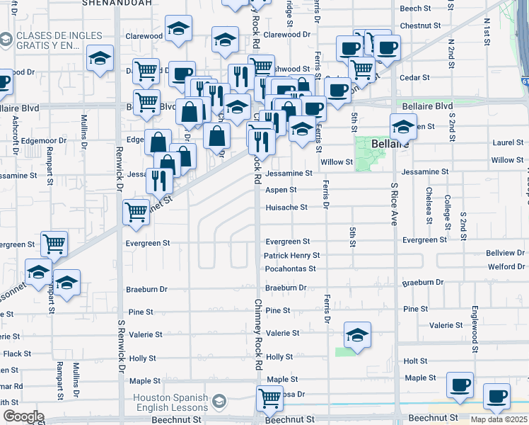 map of restaurants, bars, coffee shops, grocery stores, and more near 5501 Huisache Street in Houston
