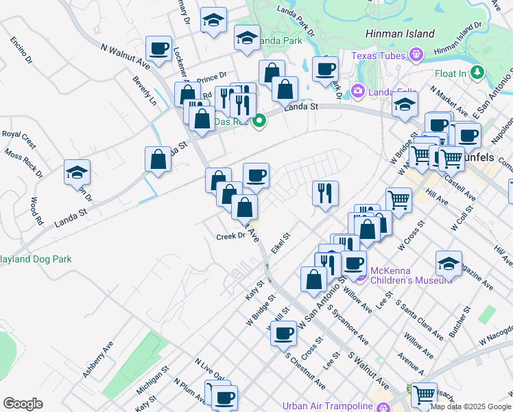 map of restaurants, bars, coffee shops, grocery stores, and more near 1150 Turtle Trail in New Braunfels
