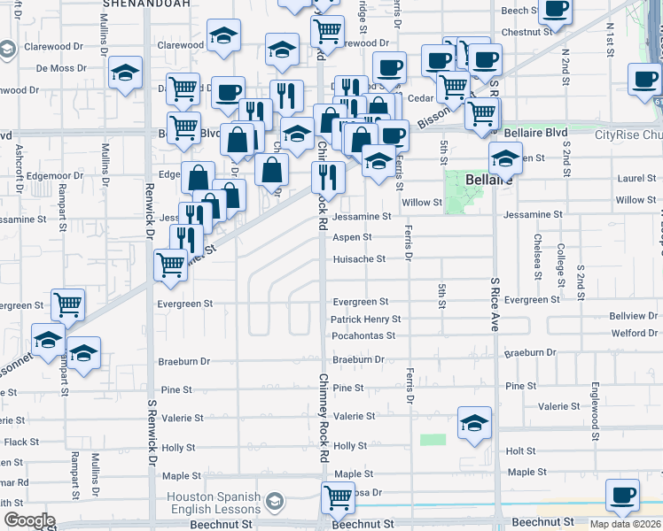map of restaurants, bars, coffee shops, grocery stores, and more near 5501 Huisache Street in Houston