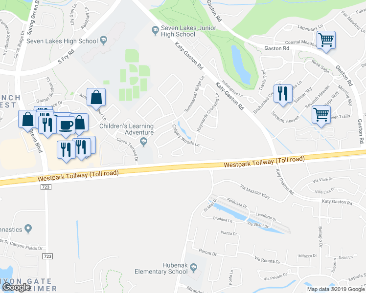 map of restaurants, bars, coffee shops, grocery stores, and more near 24534 Folkstone Circle in Katy