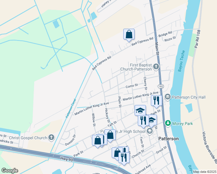 map of restaurants, bars, coffee shops, grocery stores, and more near 1705 Guyther Street in Patterson
