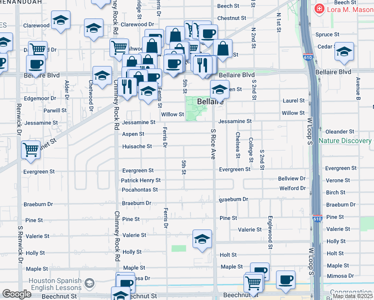 map of restaurants, bars, coffee shops, grocery stores, and more near 5201 Huisache Street in Bellaire