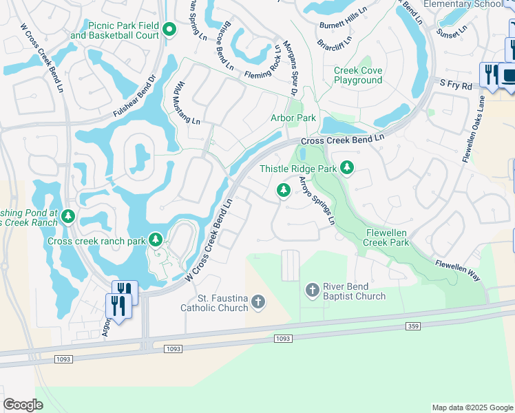 map of restaurants, bars, coffee shops, grocery stores, and more near 6203 Creekside Park Lane in Fulshear