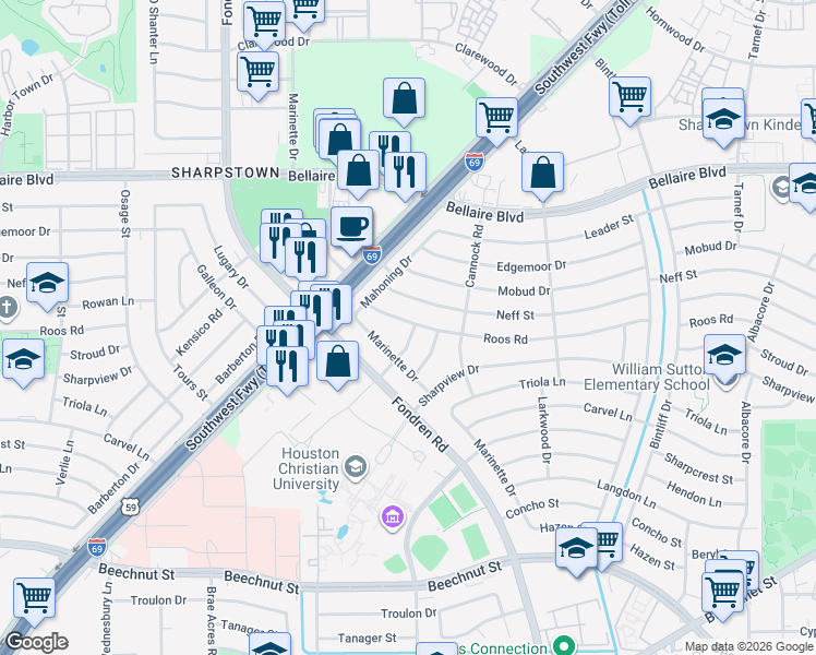 map of restaurants, bars, coffee shops, grocery stores, and more near 7302 Guildford Road in Houston