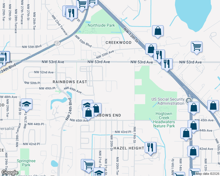 map of restaurants, bars, coffee shops, grocery stores, and more near 4928 Northwest 21st Street in Gainesville