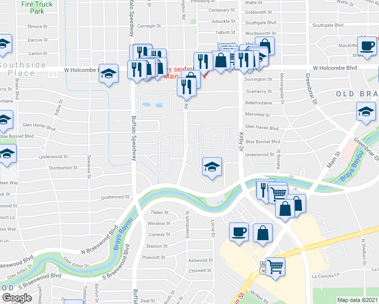 map of restaurants, bars, coffee shops, grocery stores, and more near 7527 Brompton Road in Houston