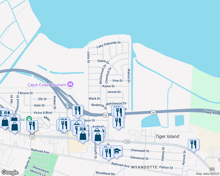 map of restaurants, bars, coffee shops, grocery stores, and more near 3114 Karen Drive in Morgan City