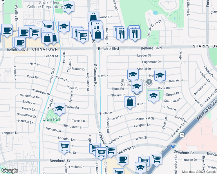 map of restaurants, bars, coffee shops, grocery stores, and more near 7226 Redding Road in Houston