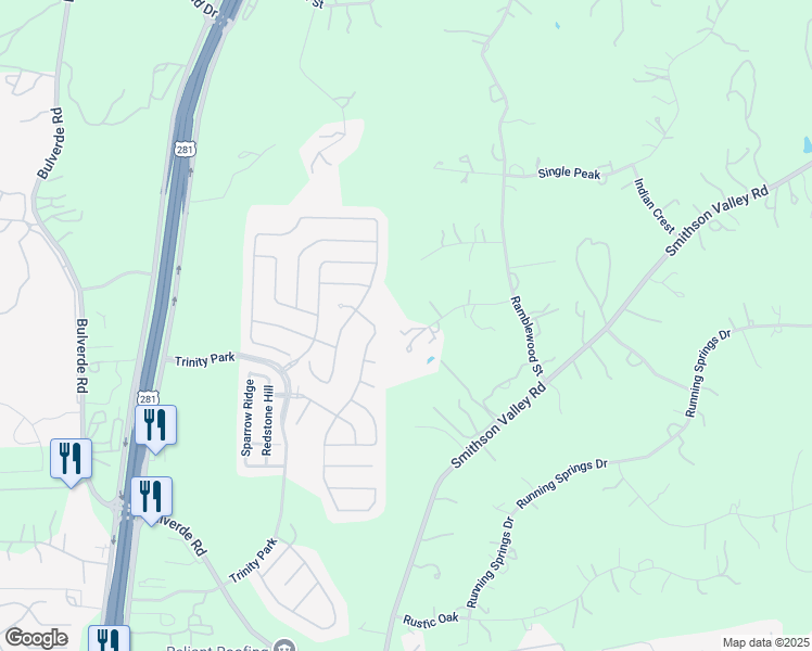 map of restaurants, bars, coffee shops, grocery stores, and more near 2905 Hidden Elm in San Antonio