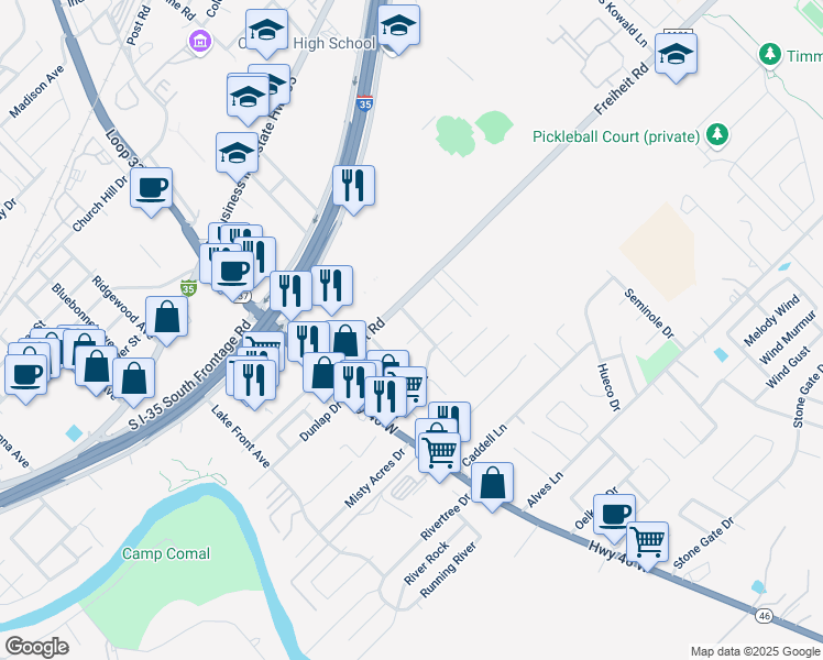 map of restaurants, bars, coffee shops, grocery stores, and more near 1349 Valero Drive in New Braunfels