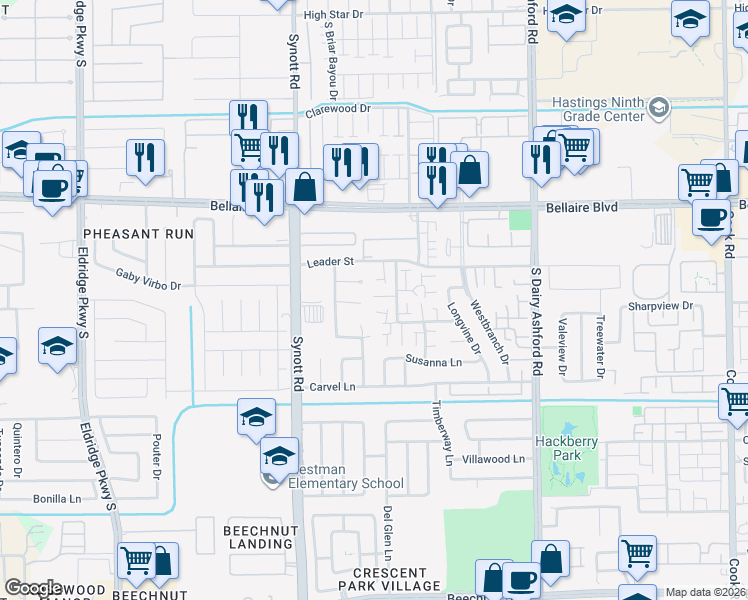 map of restaurants, bars, coffee shops, grocery stores, and more near 7074 Greenway Chase Street in Houston