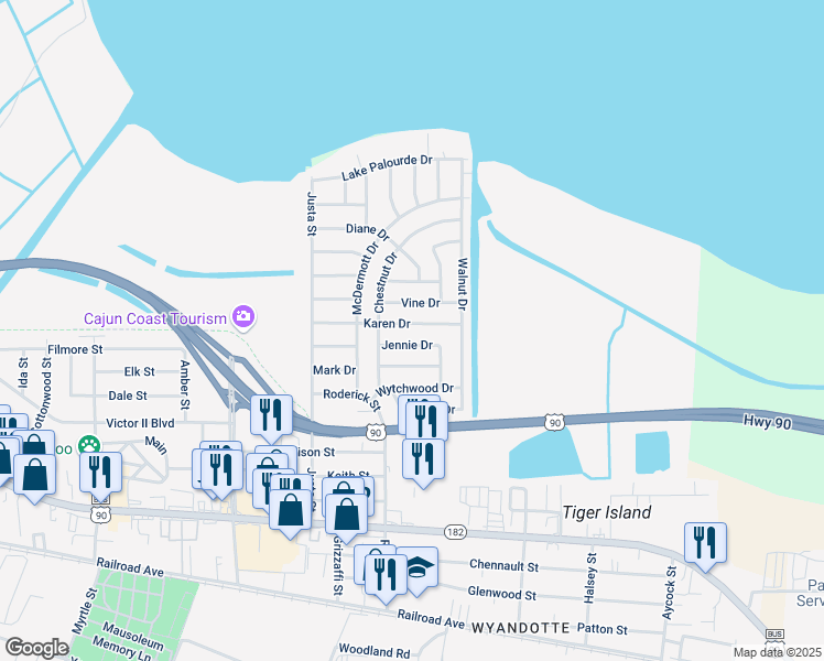 map of restaurants, bars, coffee shops, grocery stores, and more near 3114-3130 Karen Drive in Morgan City