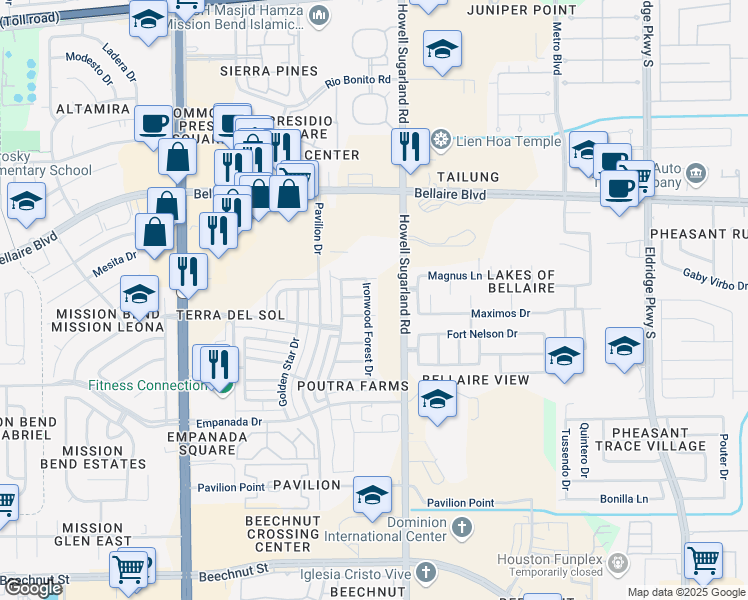 map of restaurants, bars, coffee shops, grocery stores, and more near 7103 Ironwood Forest Drive in Houston