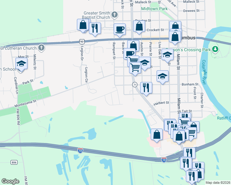 map of restaurants, bars, coffee shops, grocery stores, and more near 1608 Rampart Street in Columbus