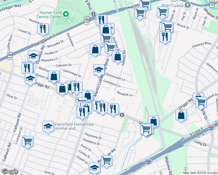 map of restaurants, bars, coffee shops, grocery stores, and more near 5633 Oasis Palm Lane in Houston