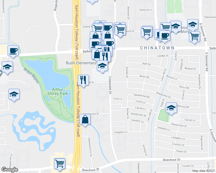 map of restaurants, bars, coffee shops, grocery stores, and more near 1706 Corporate Drive in Houston