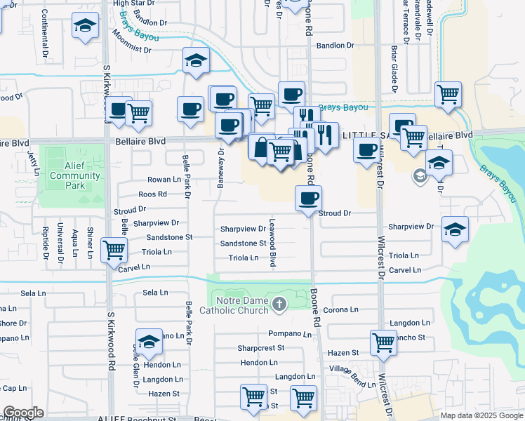 map of restaurants, bars, coffee shops, grocery stores, and more near 11310 Stroud Drive in Houston