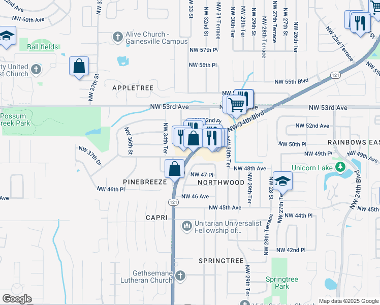 map of restaurants, bars, coffee shops, grocery stores, and more near 4908 Florida 121 in Gainesville