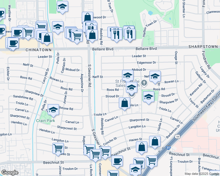 map of restaurants, bars, coffee shops, grocery stores, and more near 8510 Roos Road in Houston