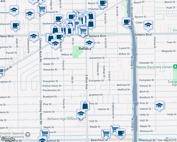 map of restaurants, bars, coffee shops, grocery stores, and more near 7307 S Rice Ave in Bellaire