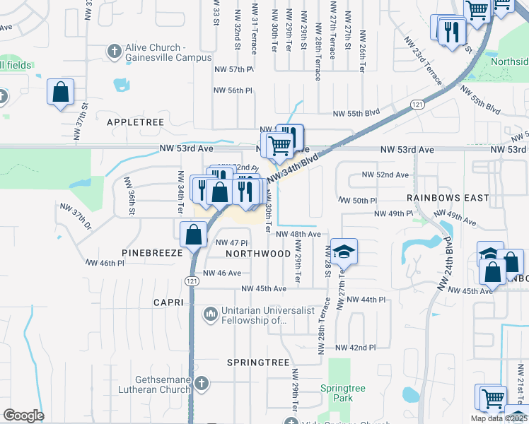 map of restaurants, bars, coffee shops, grocery stores, and more near 4914 Northwest 30th Terrace in Gainesville