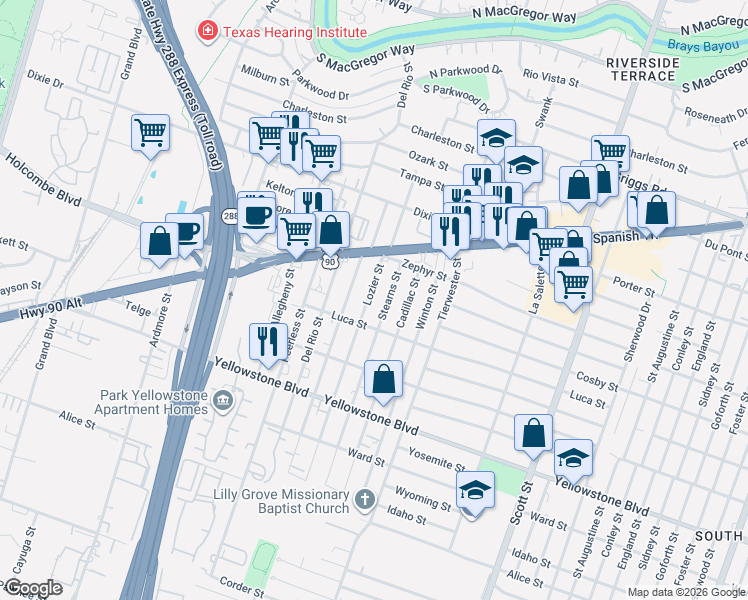 map of restaurants, bars, coffee shops, grocery stores, and more near 6637 Lozier Street in Houston