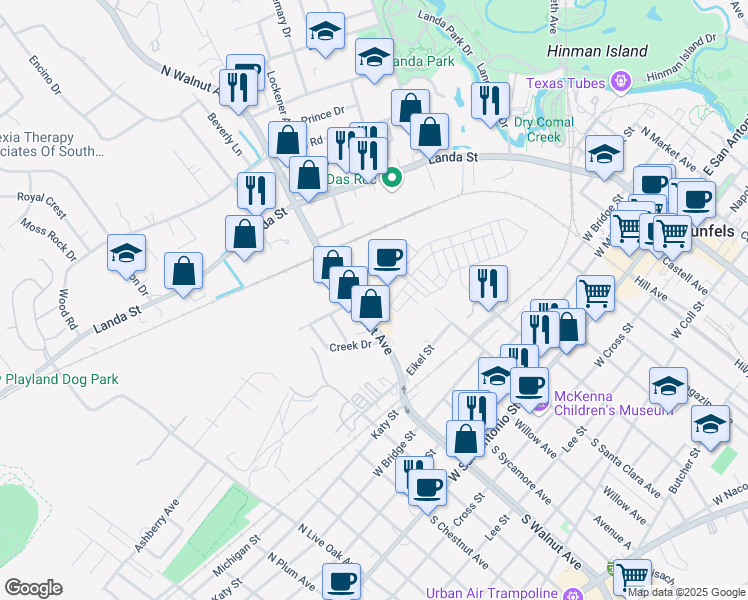 map of restaurants, bars, coffee shops, grocery stores, and more near 1273 North Academy Avenue in New Braunfels