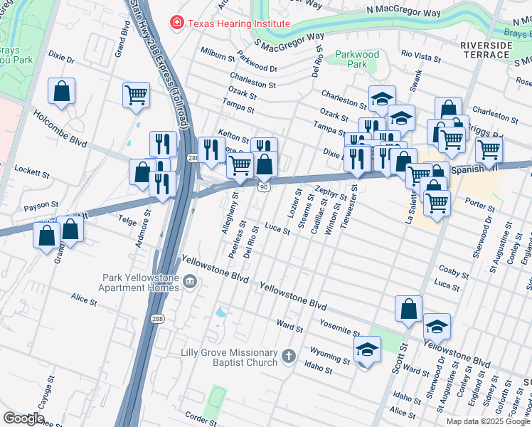 map of restaurants, bars, coffee shops, grocery stores, and more near 6633 Del Rio Street in Houston
