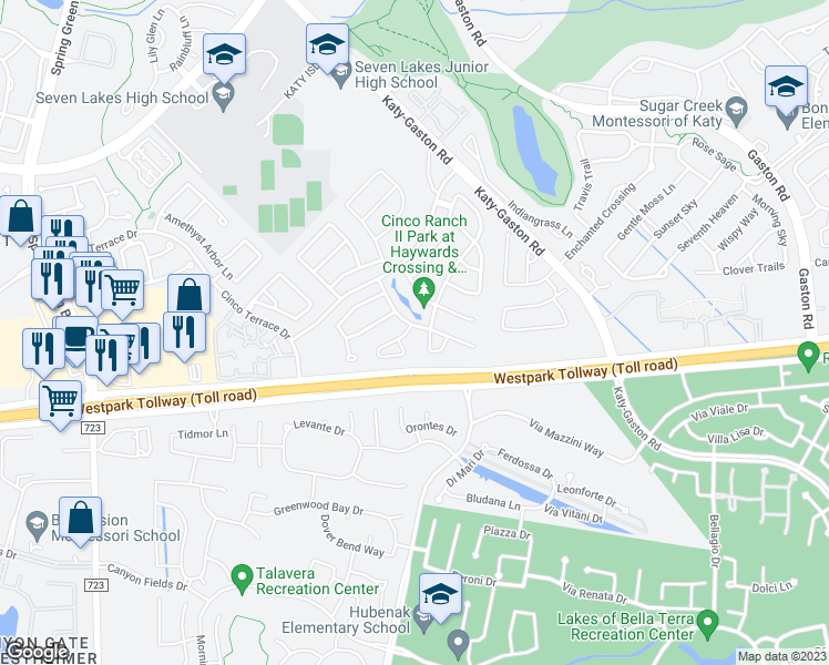 map of restaurants, bars, coffee shops, grocery stores, and more near 24507 Folkstone Circle in Katy