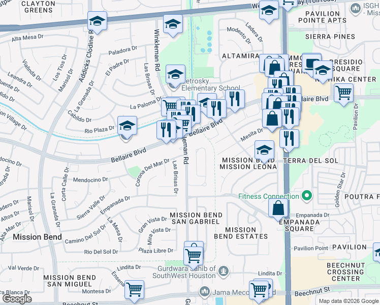 map of restaurants, bars, coffee shops, grocery stores, and more near 7035 Winkleman Road in Houston