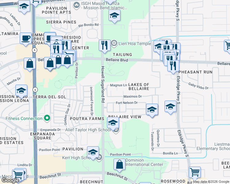 map of restaurants, bars, coffee shops, grocery stores, and more near 7122 Favian Court in Houston