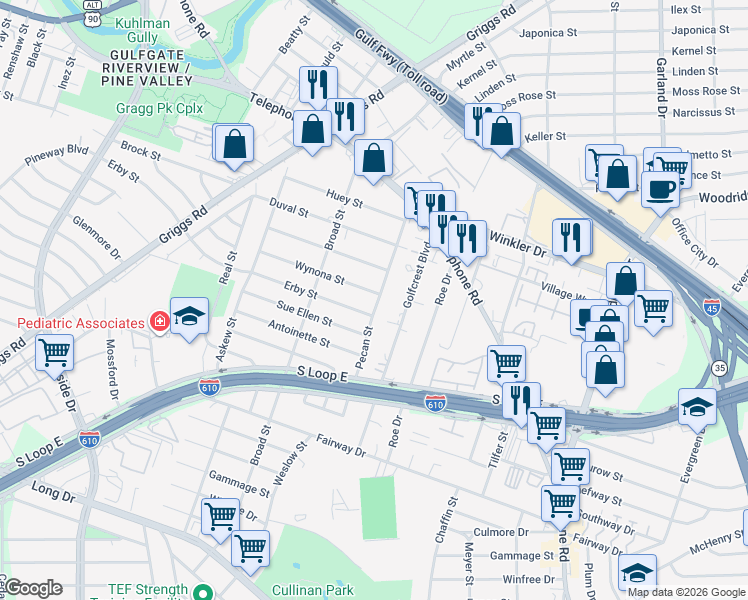 map of restaurants, bars, coffee shops, grocery stores, and more near 4154 Wynona Street in Houston