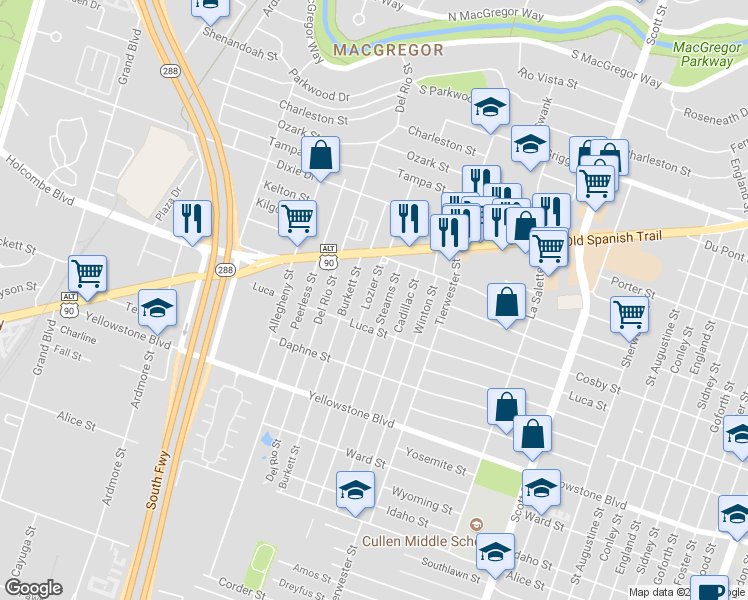map of restaurants, bars, coffee shops, grocery stores, and more near 6637 Lozier Street in Houston