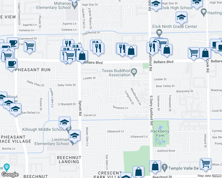 map of restaurants, bars, coffee shops, grocery stores, and more near 13011 Greenway Chase Court in Houston